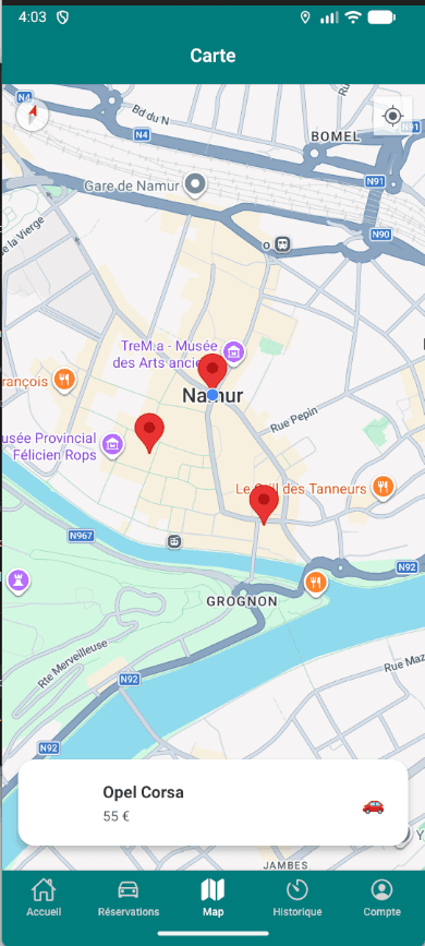 Carte des véhicules disponibles à Namur
