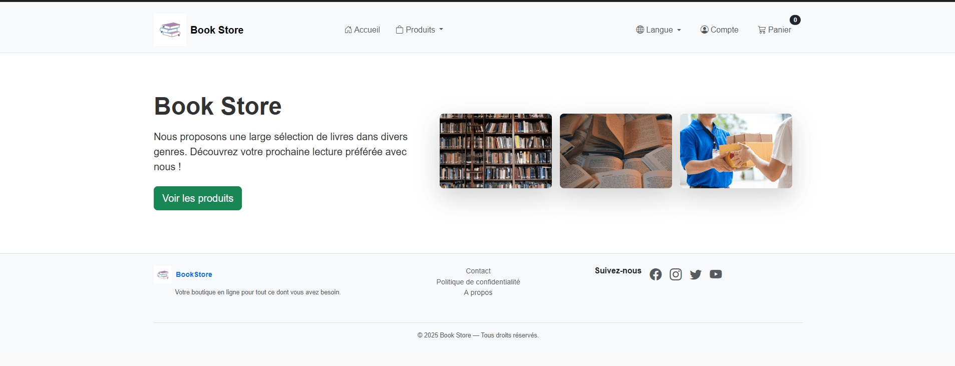 Page d'accueil de la librairie en ligne