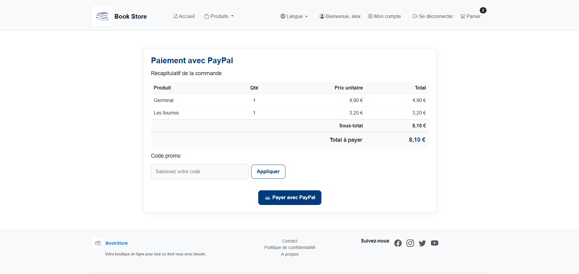 Récapitulatif de commande et paiement PayPal